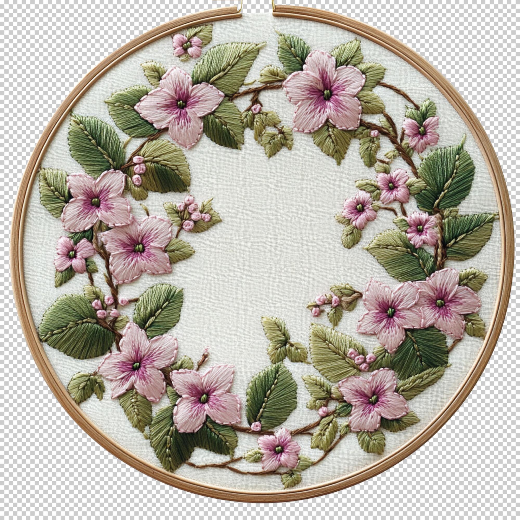 large circular crop of embroidered floral patch with metallic thread